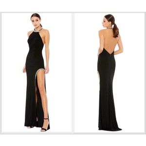 MAC DUGGAL IEENA High Slit Halter Gown with Rhinestones Open Back Black Size 0